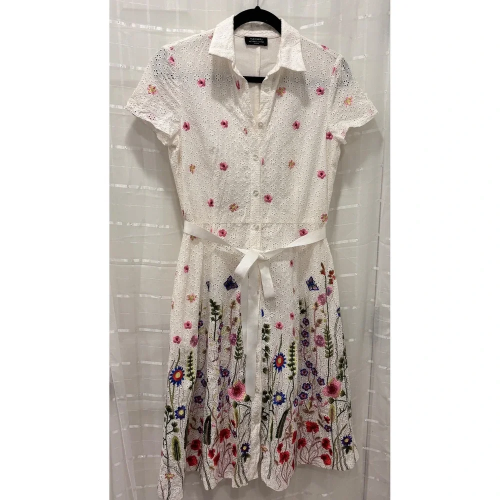 Tahari Arthur S Levine Petite Floral Eyelet Cotton Shirt Dress White Embroidered